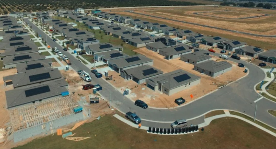 Aerial view of a new-home community with Hyundai Solar Panels